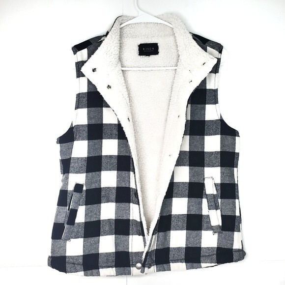 RISEN Black and White Buffalo Check Fleece Lined Trucker Vest Size S - Picture 3 of 6